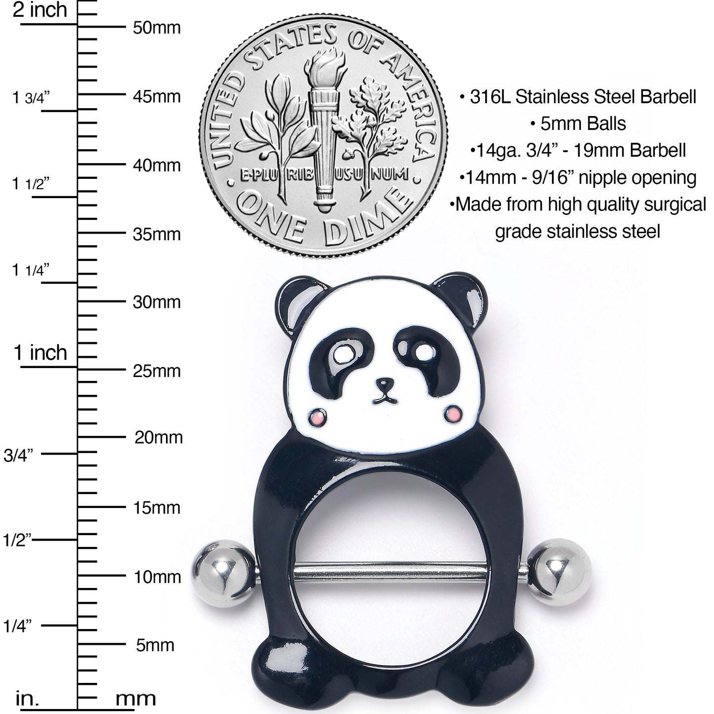 14G 9/16 Panda Bear Black White Nipple Shield Set