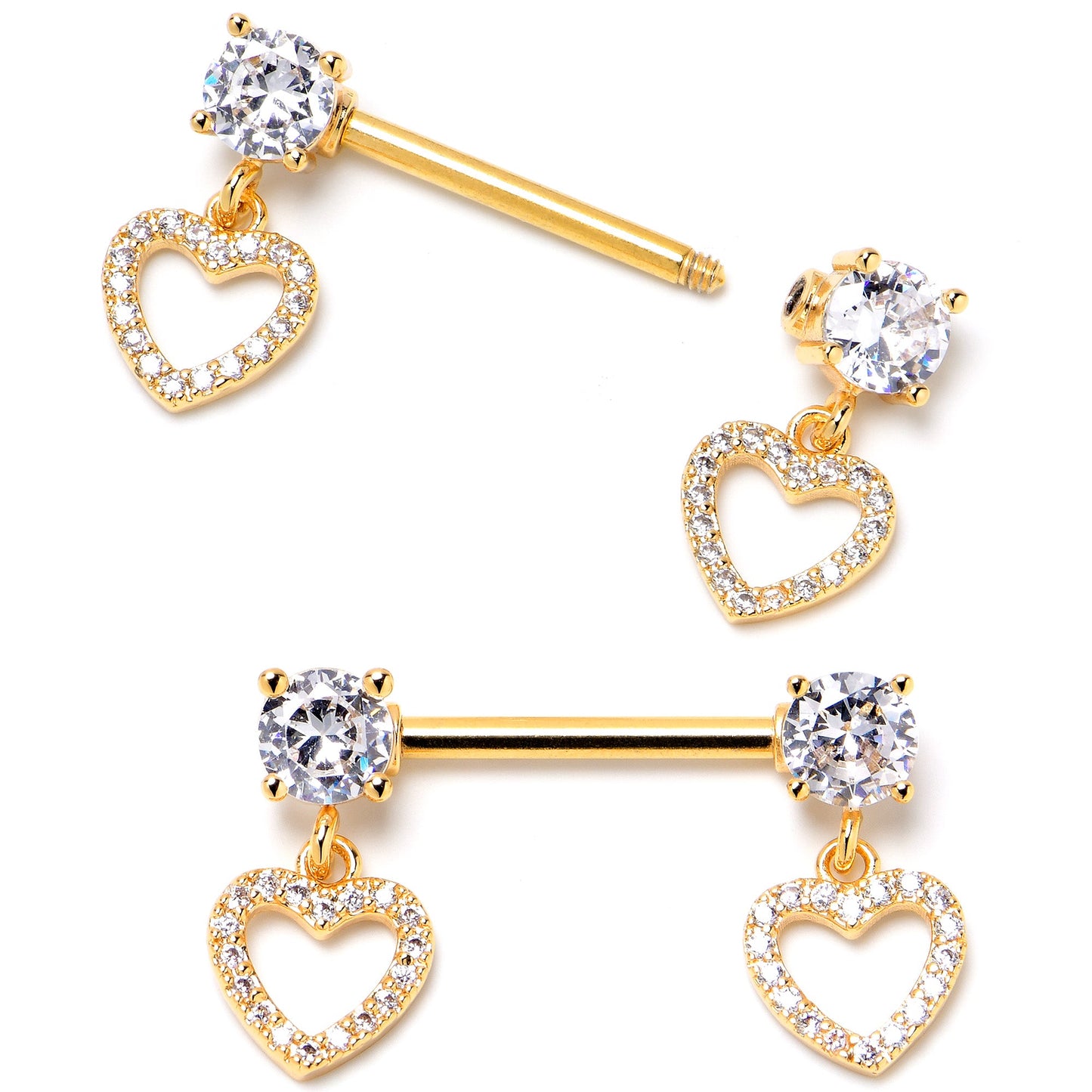 14G 9/16 Clear CZ Gem Gold Tone Paved Heart Dangle Nipple Ring Set