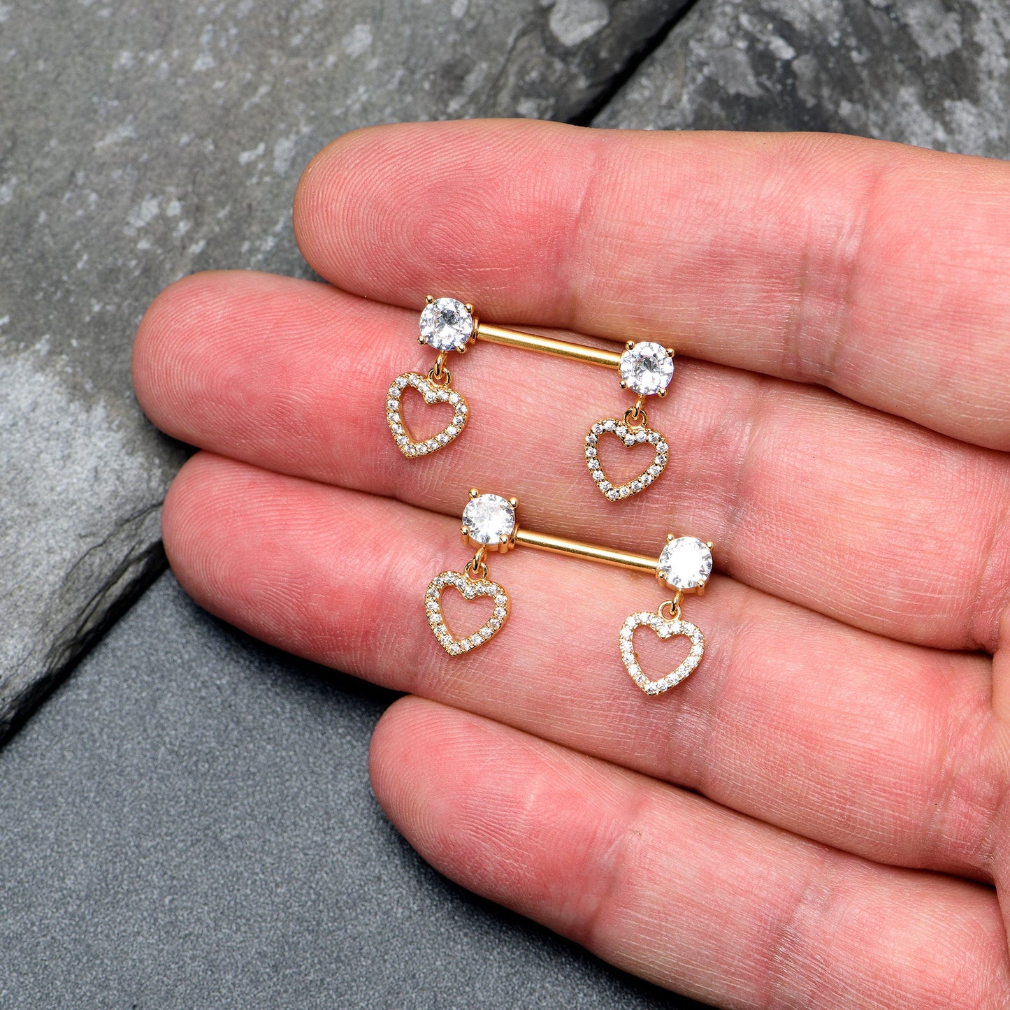 14G 9/16 Clear CZ Gem Gold Tone Paved Heart Dangle Nipple Ring Set