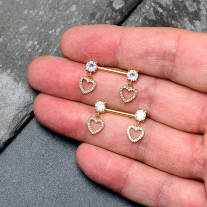 14G 9/16 Clear CZ Gem Gold Tone Paved Heart Dangle Nipple Ring Set