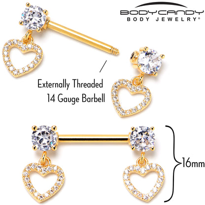14G 9/16 Clear CZ Gem Gold Tone Paved Heart Dangle Nipple Ring Set