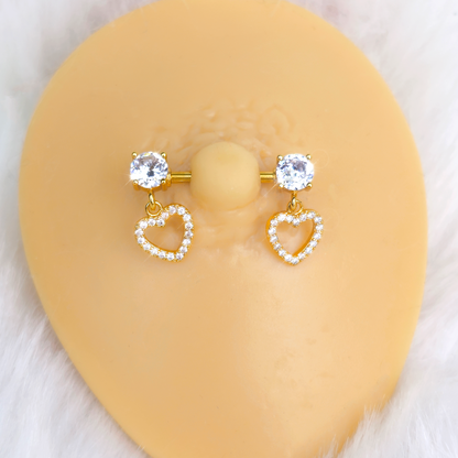 14G 9/16 Clear CZ Gem Gold Tone Paved Heart Dangle Nipple Ring Set