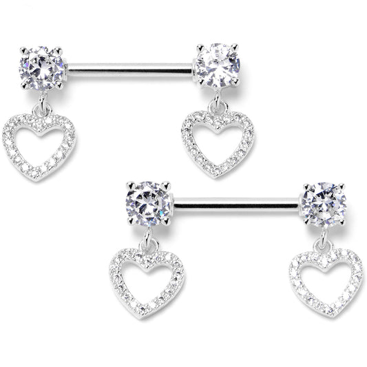 14G 9/16 Clear CZ Gem Paved Heart Dangle Nipple Ring Set