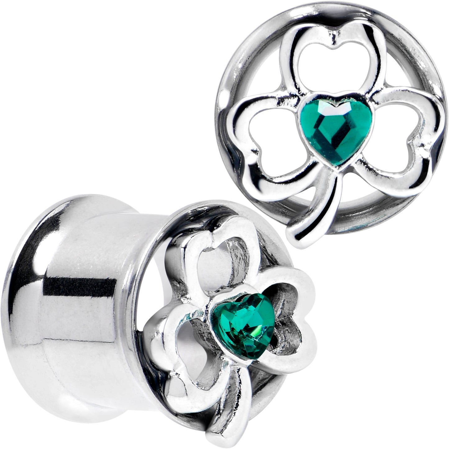 Green Gem Heart Shamrock St Patricks Tunnel Plug Set Sizes 10mm to 16mm
