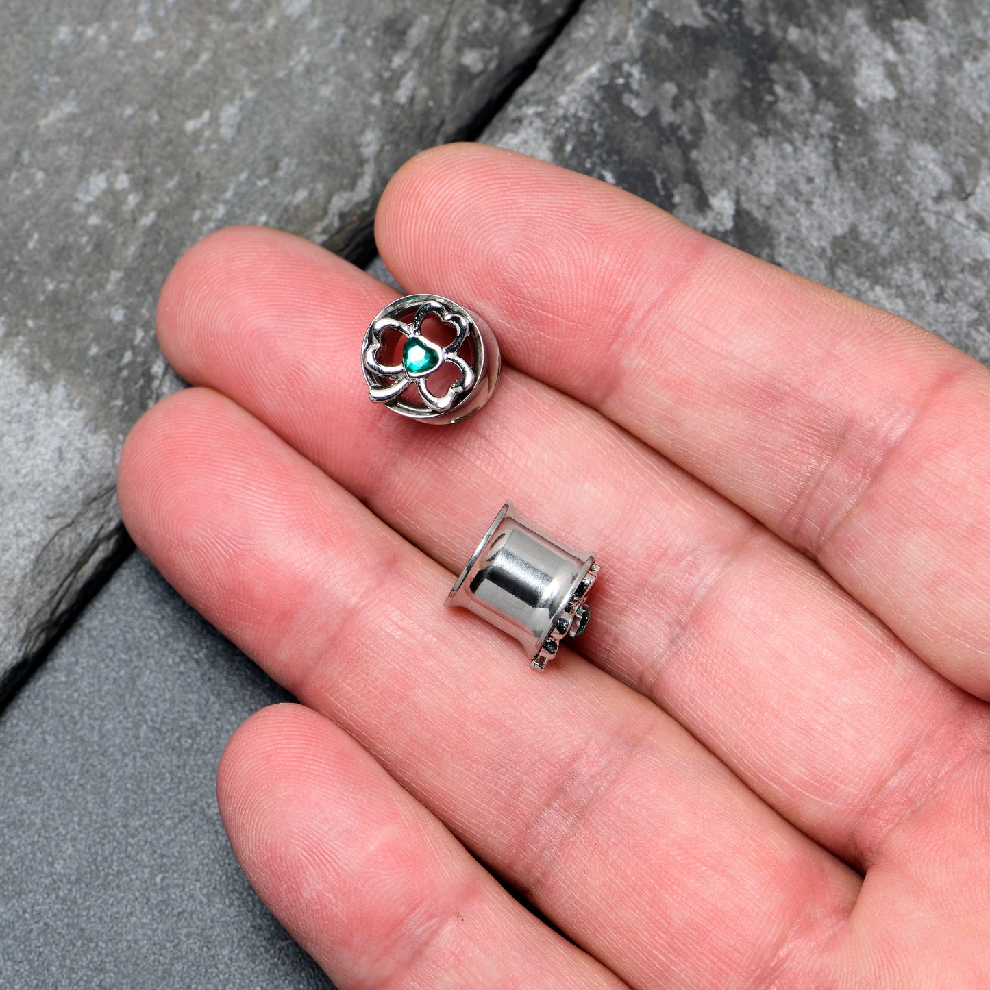 Green Gem Heart Shamrock St Patricks Tunnel Plug Set Sizes 10mm to 16mm