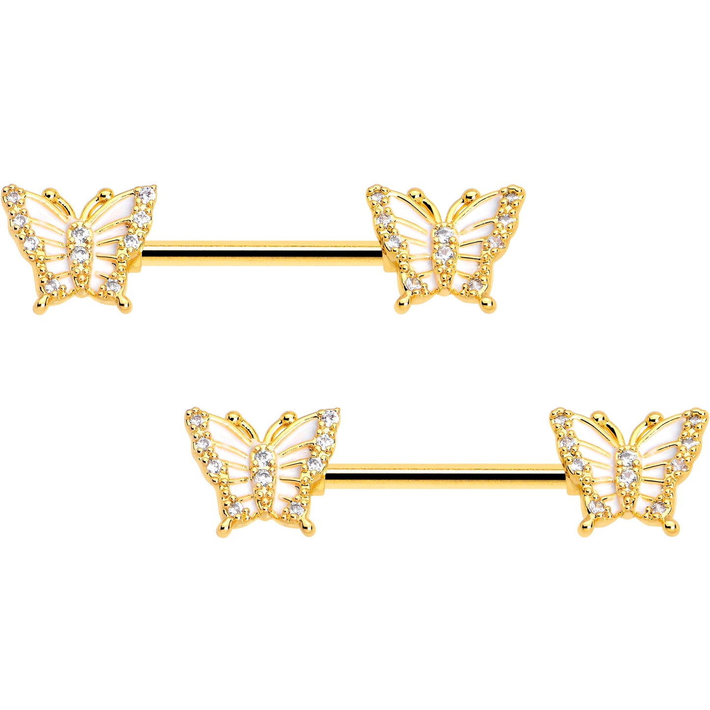 14G 9/16 CZ Gem Airy Butterfly Barbell Nipple Ring Set