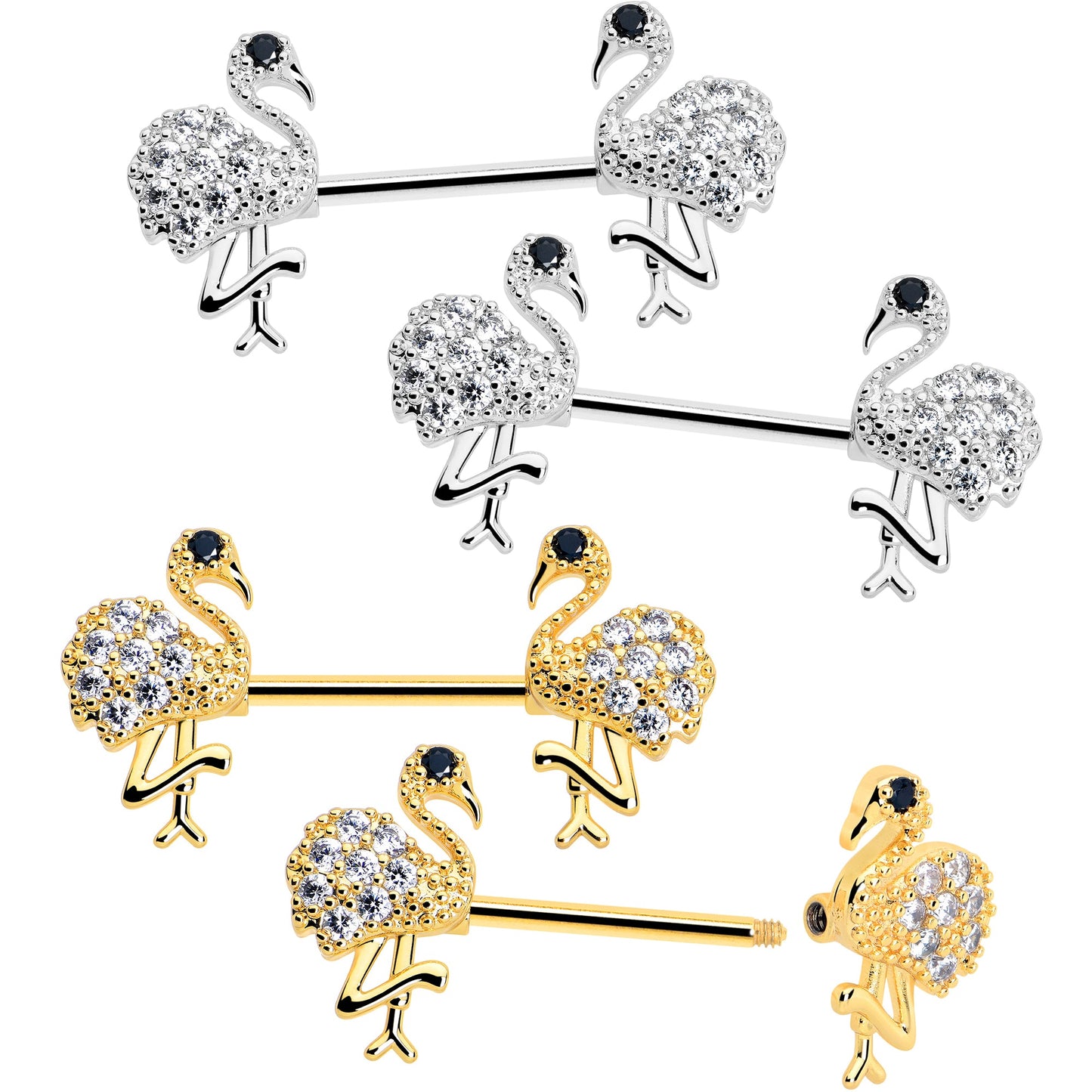 14G 9/16 CZ Gem Fashion Flamingo Barbell Nipple Ring Set