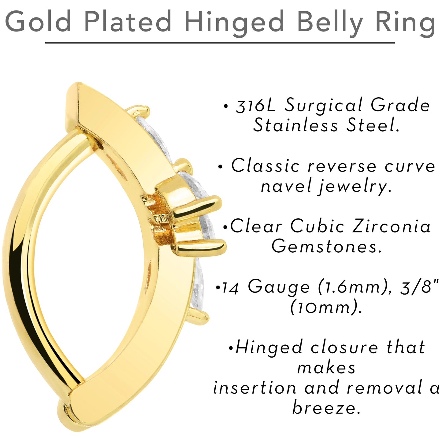 Clear CZ Gem Gold Tone Beauty Branch Hinged Hoop Belly Ring