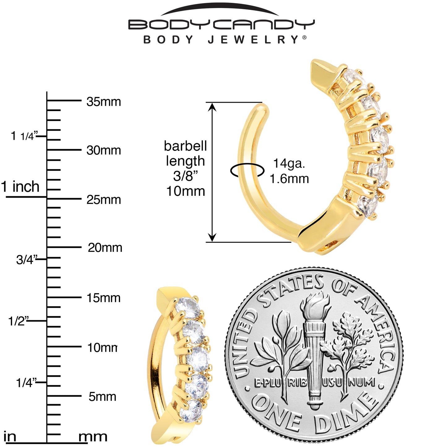 Clear CZ Gem Gold Tone Glamour Quintet Hinged Hoop Belly Ring