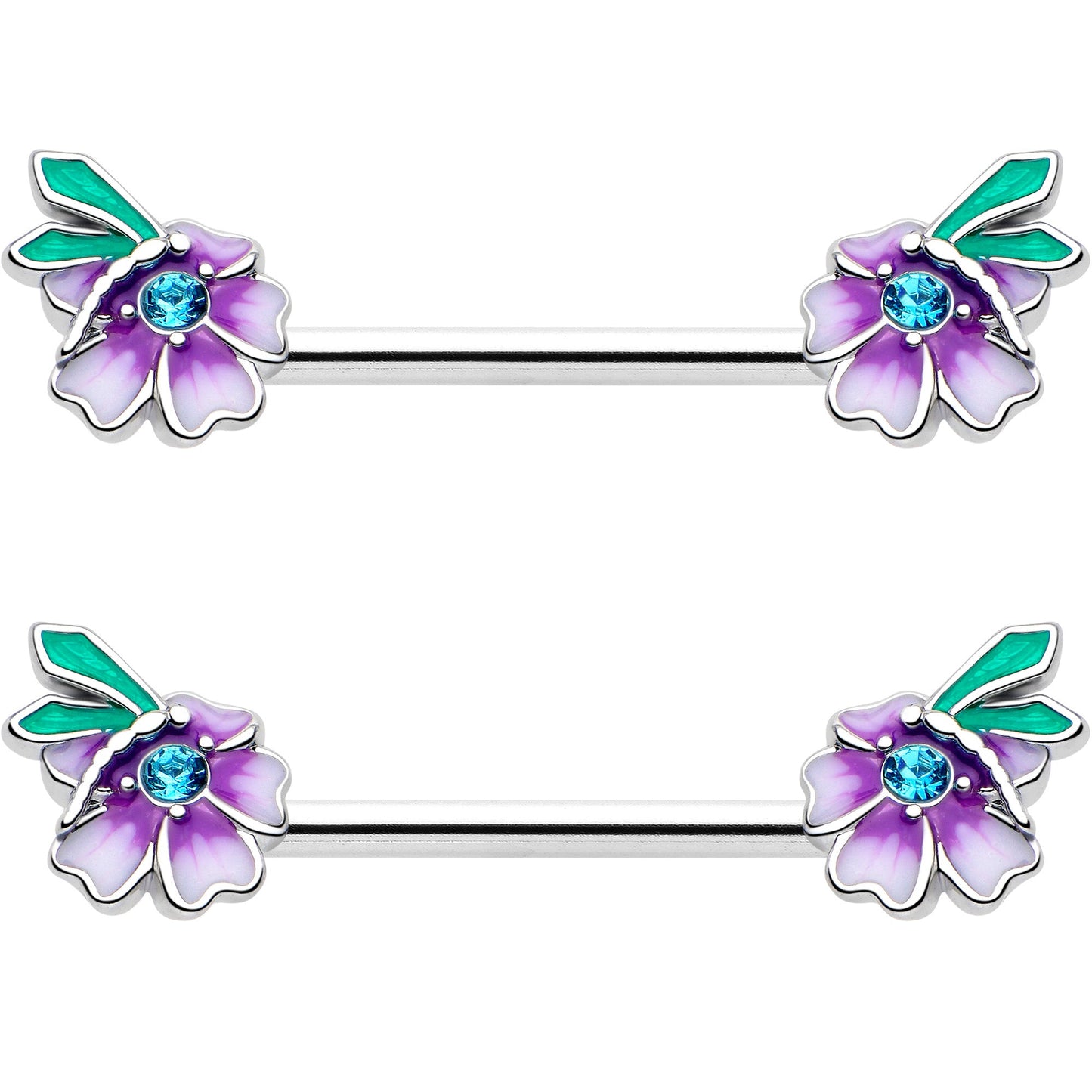 14G 9/16 Blue Gem Faerie Flower Purple Barbell Nipple Ring Set