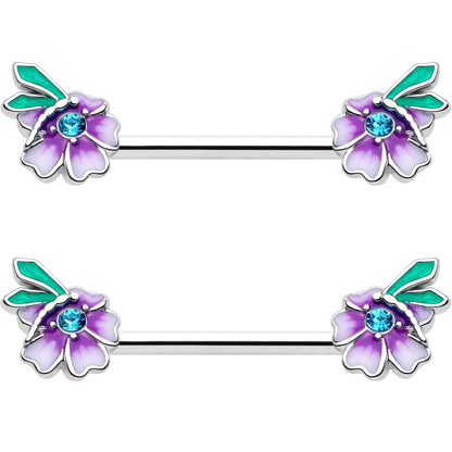 14G 9/16 Blue Gem Faerie Flower Purple Barbell Nipple Ring Set
