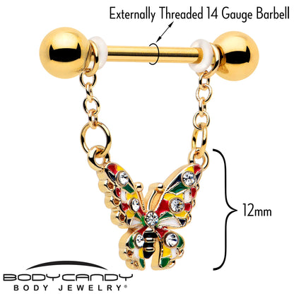 14G 9/16 Clear Gem Gold Tone Color Block Butterfly Dangle Nipple Ring Set