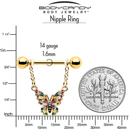 14G 9/16 Clear Gem Gold Tone Color Block Butterfly Dangle Nipple Ring Set