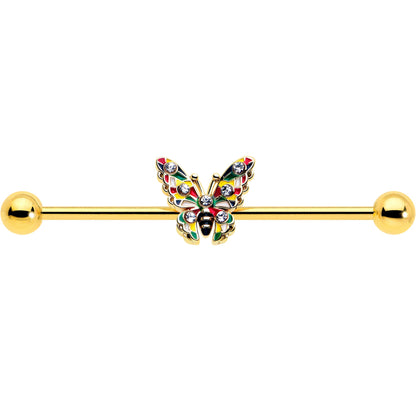 14G Clear Gem Gold Tone Color Block Butterfly Industrial Barbell 38mm
