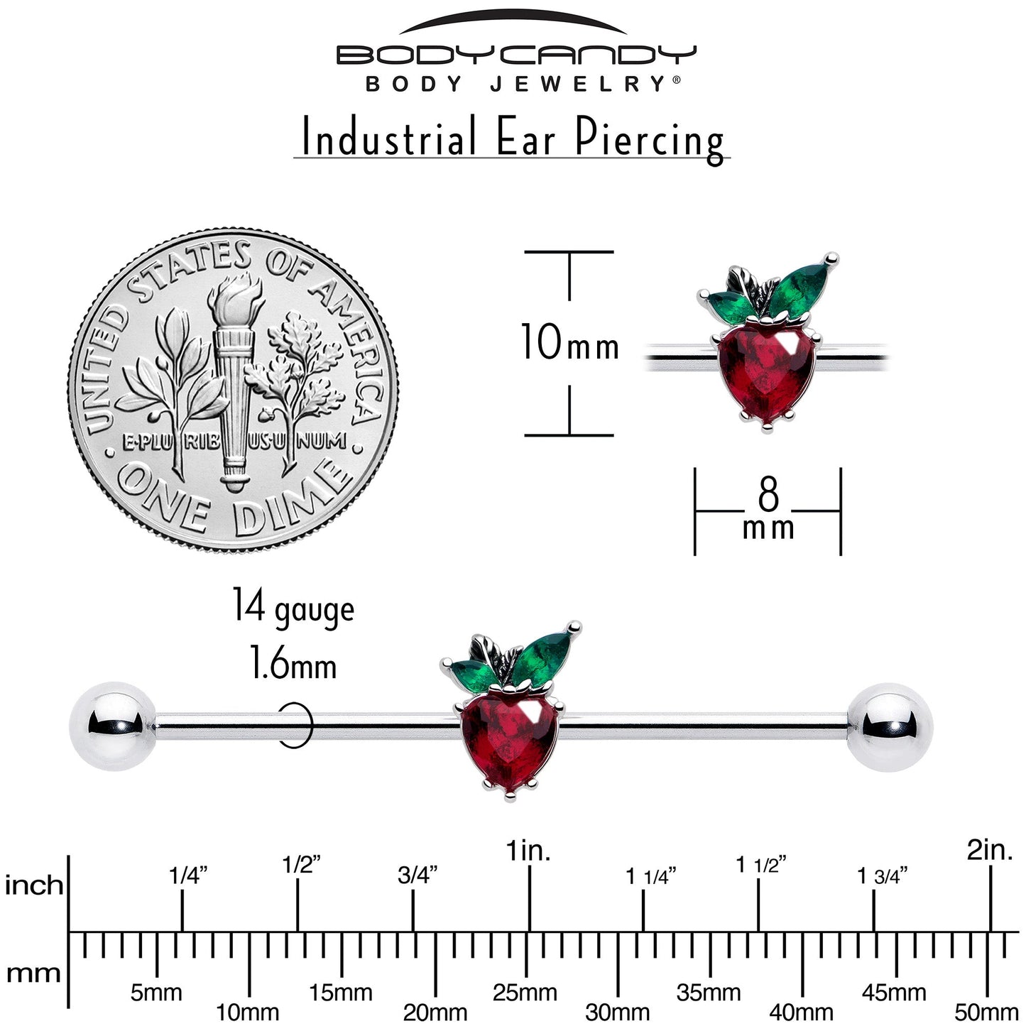 14G Red Green Gem Strawberry Heart Industrial Barbell 38mm