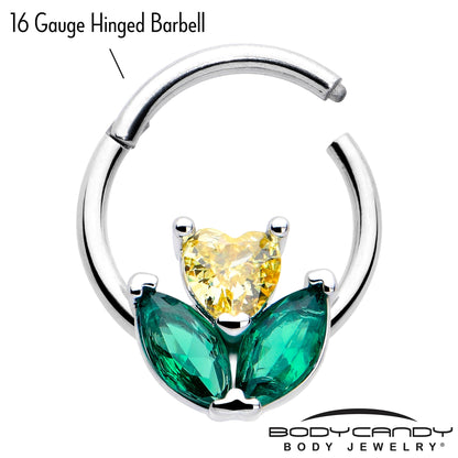 16G 5/16 Yellow Green CZ Gem Love Flower Hinged Segment Ring