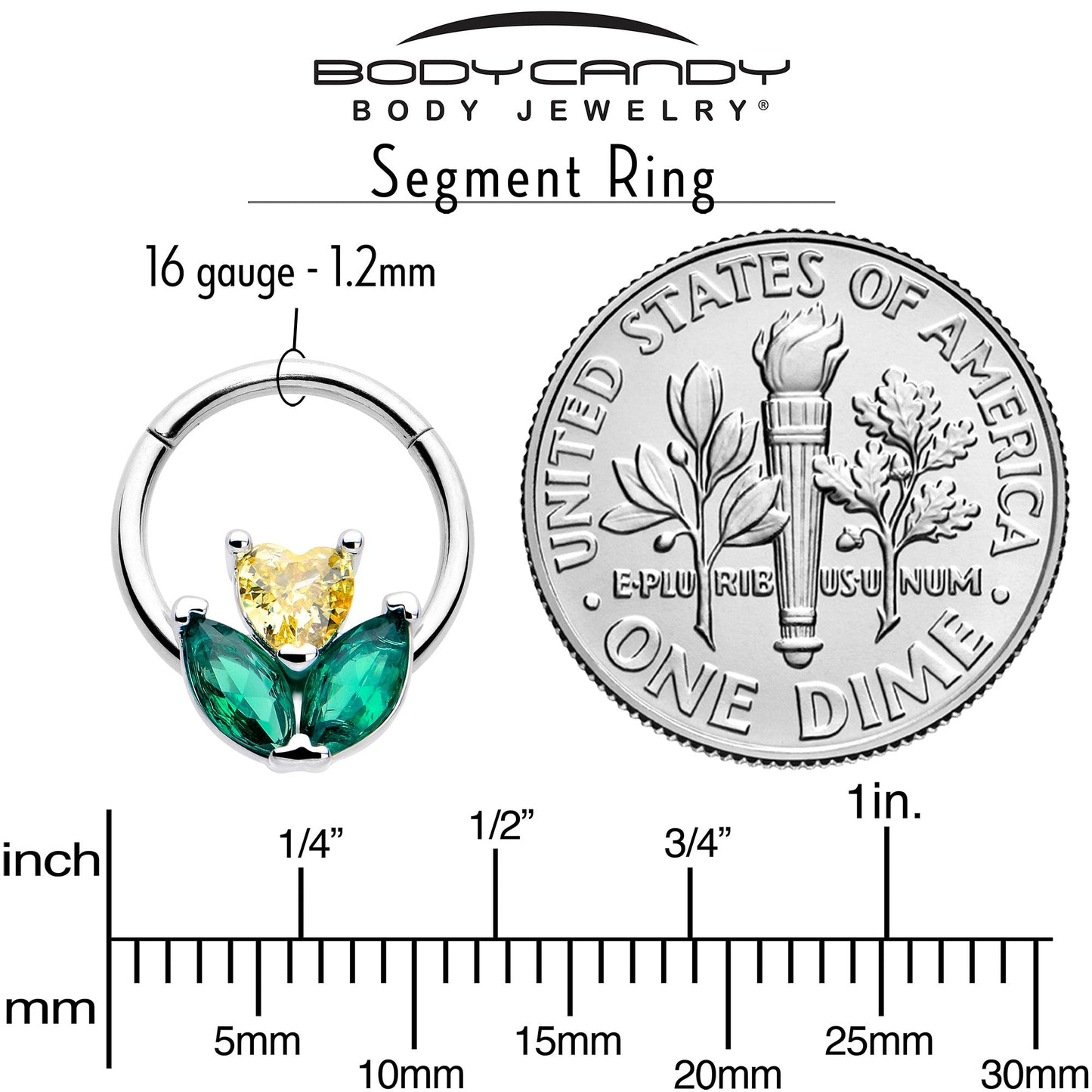 16G 5/16 Yellow Green CZ Gem Love Flower Hinged Segment Ring