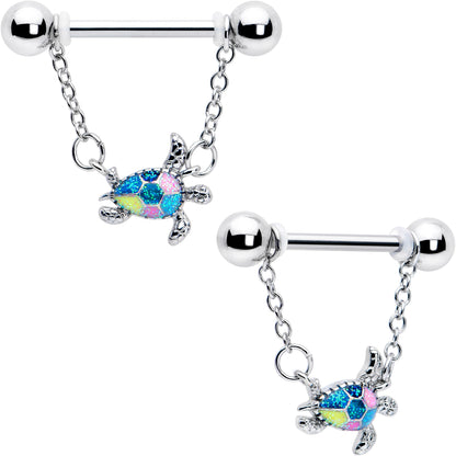 14G 9/16 Glitter Turtle Chain Dangle Nipple Ring Set