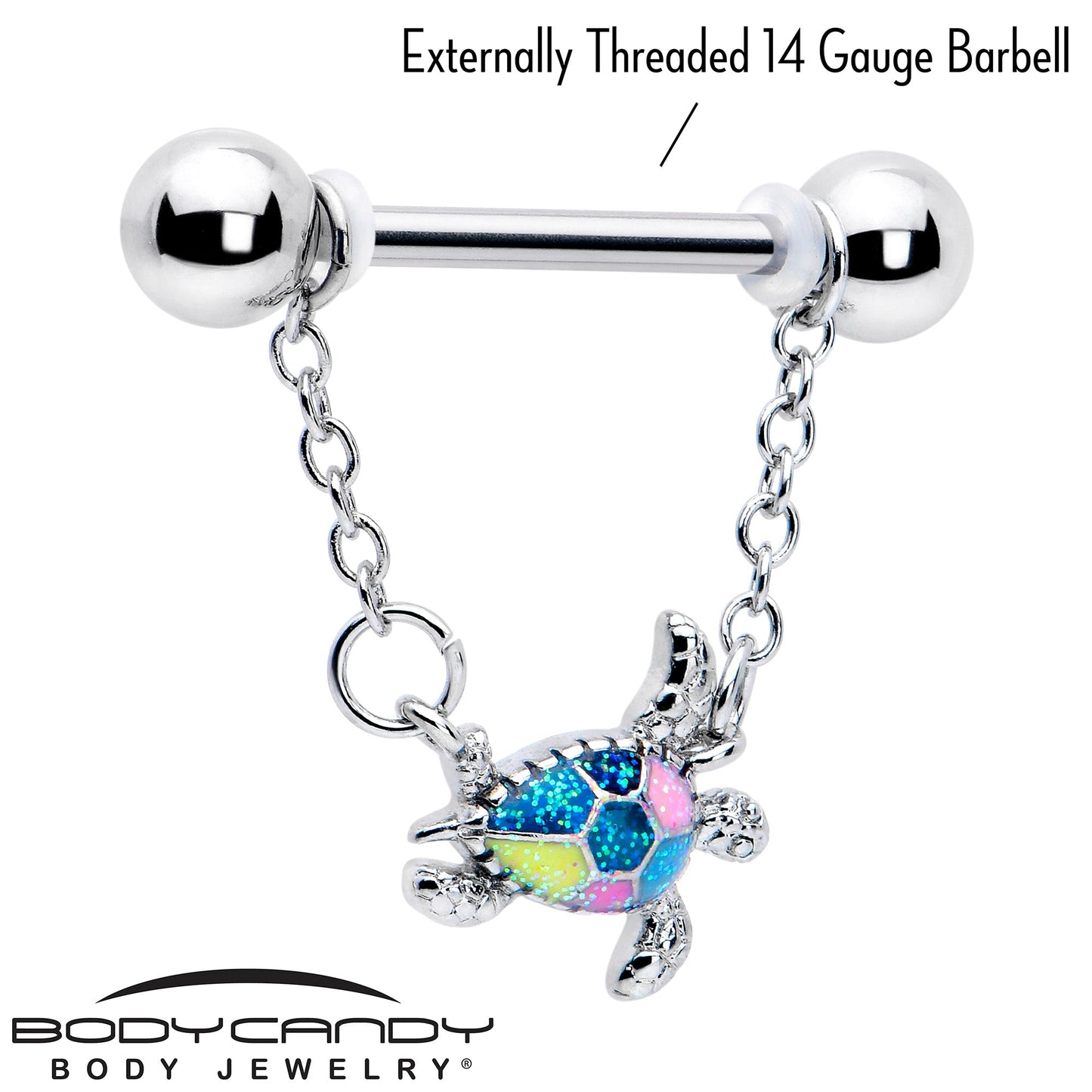 14G 9/16 Glitter Turtle Chain Dangle Nipple Ring Set