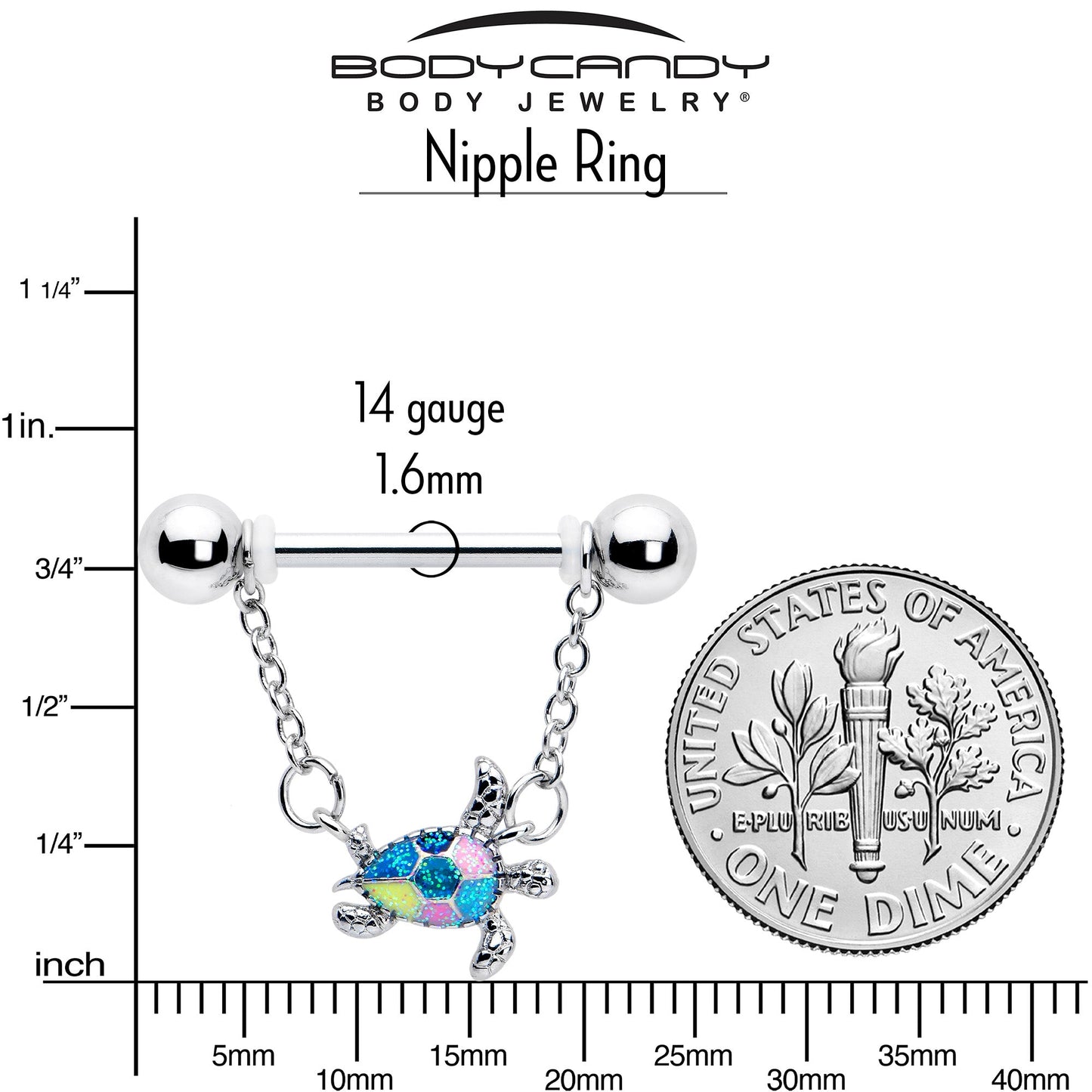 14G 9/16 Glitter Turtle Chain Dangle Nipple Ring Set