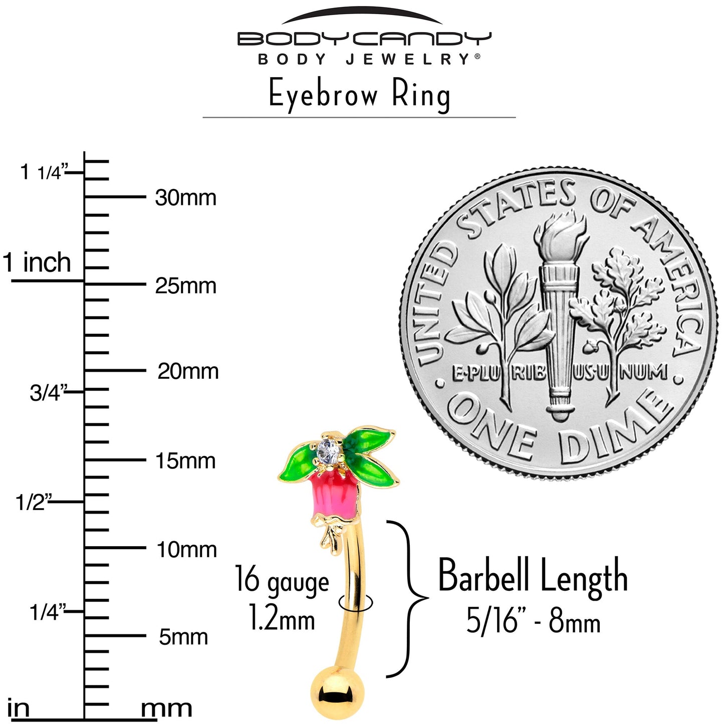 16G 5/16 Clear CZ Gem Gold Tone Bell Flower Curved Eyebrow Ring