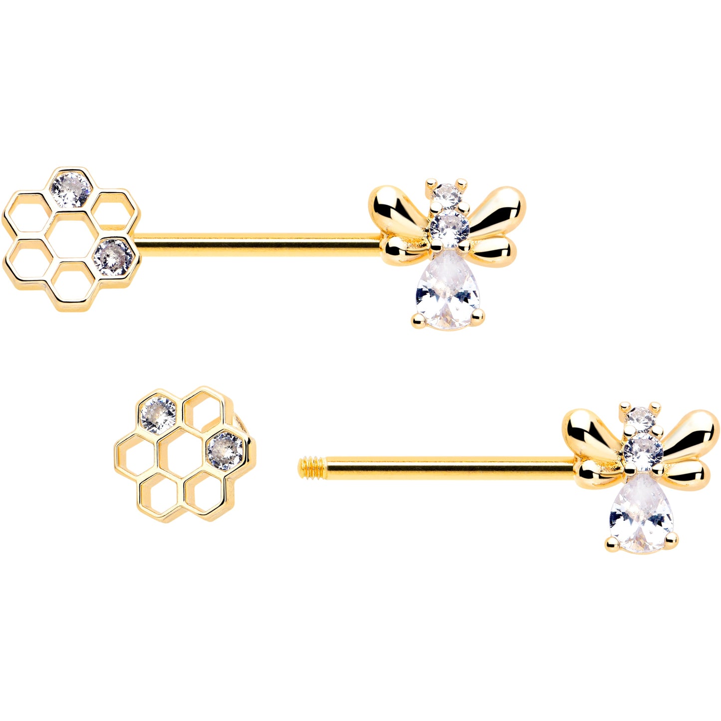 14G 9/16 Clear CZ Gem Gold Tone Bee Hive Luv Barbell Nipple Ring Set