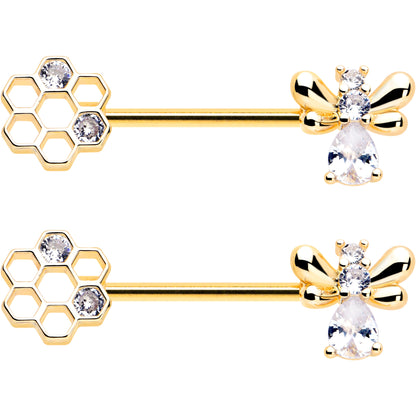 14G 9/16 Clear CZ Gem Gold Tone Bee Hive Luv Barbell Nipple Ring Set