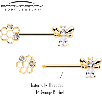 14G 9/16 Clear CZ Gem Gold Tone Bee Hive Luv Barbell Nipple Ring Set