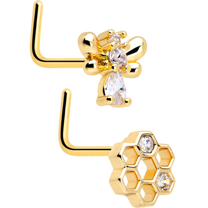 20G 7mm Clear CZ Gem Gold Tone Bee Hive Luv L Shape Nose Ring Set of 2