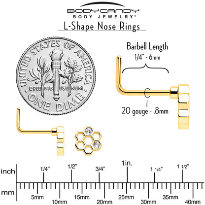 20G 7mm Clear CZ Gem Gold Tone Bee Hive Luv L Shape Nose Ring Set of 2