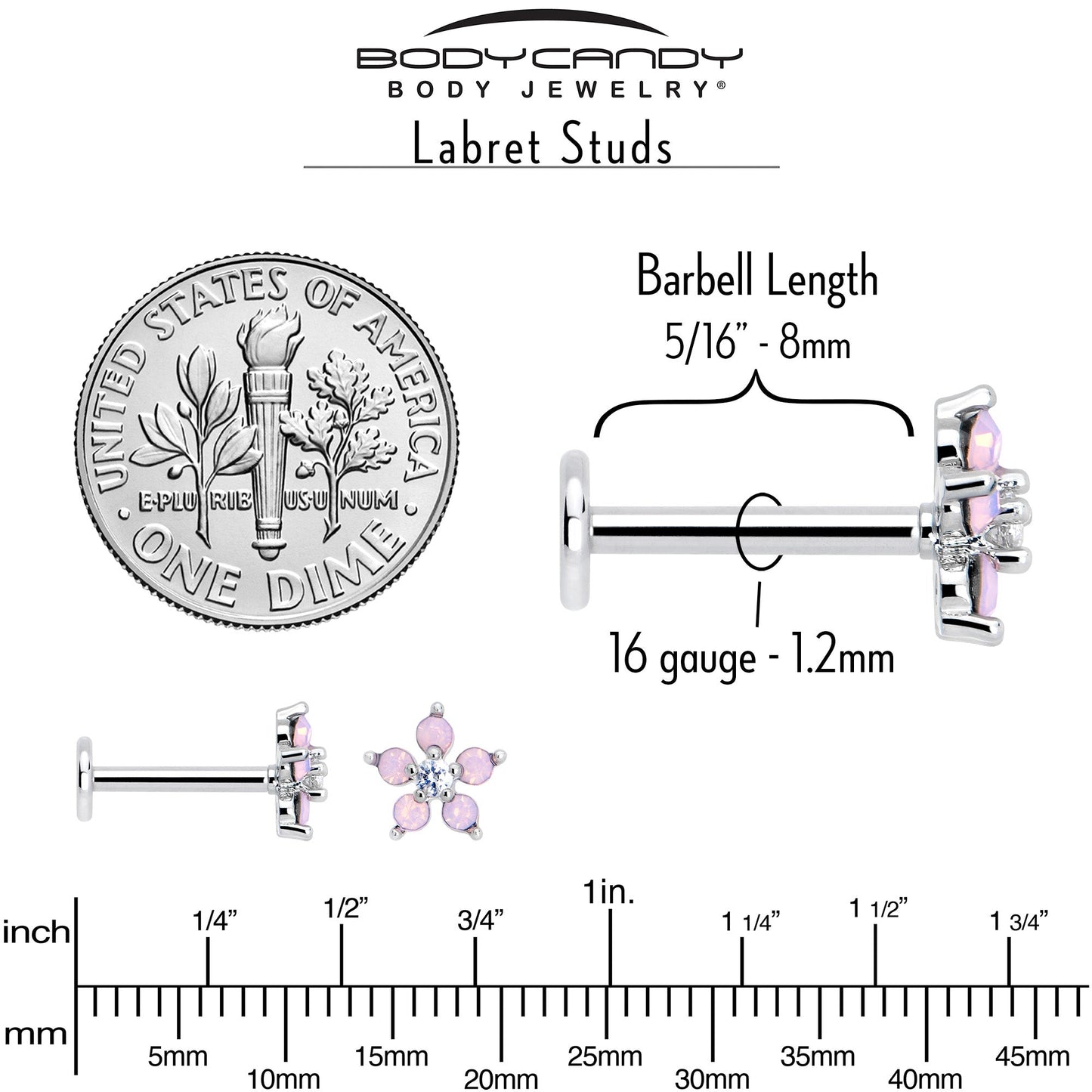 16G 5/16 Pink Faux Opal Internally Threaded Flower Labret Tragus