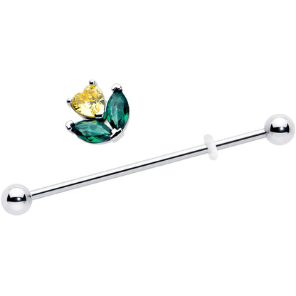 14G Yellow Green CZ Gem Love Flower Industrial Barbell 38mm