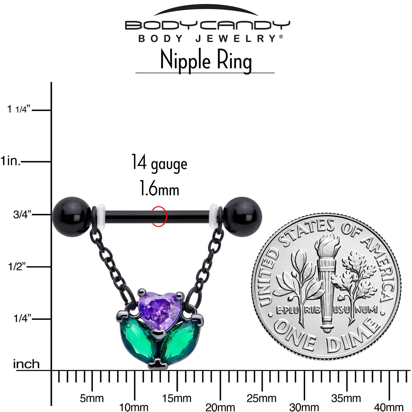 14G 9/16 Purple CZ Gem Black Love Flower Dangle Nipple Ring Set