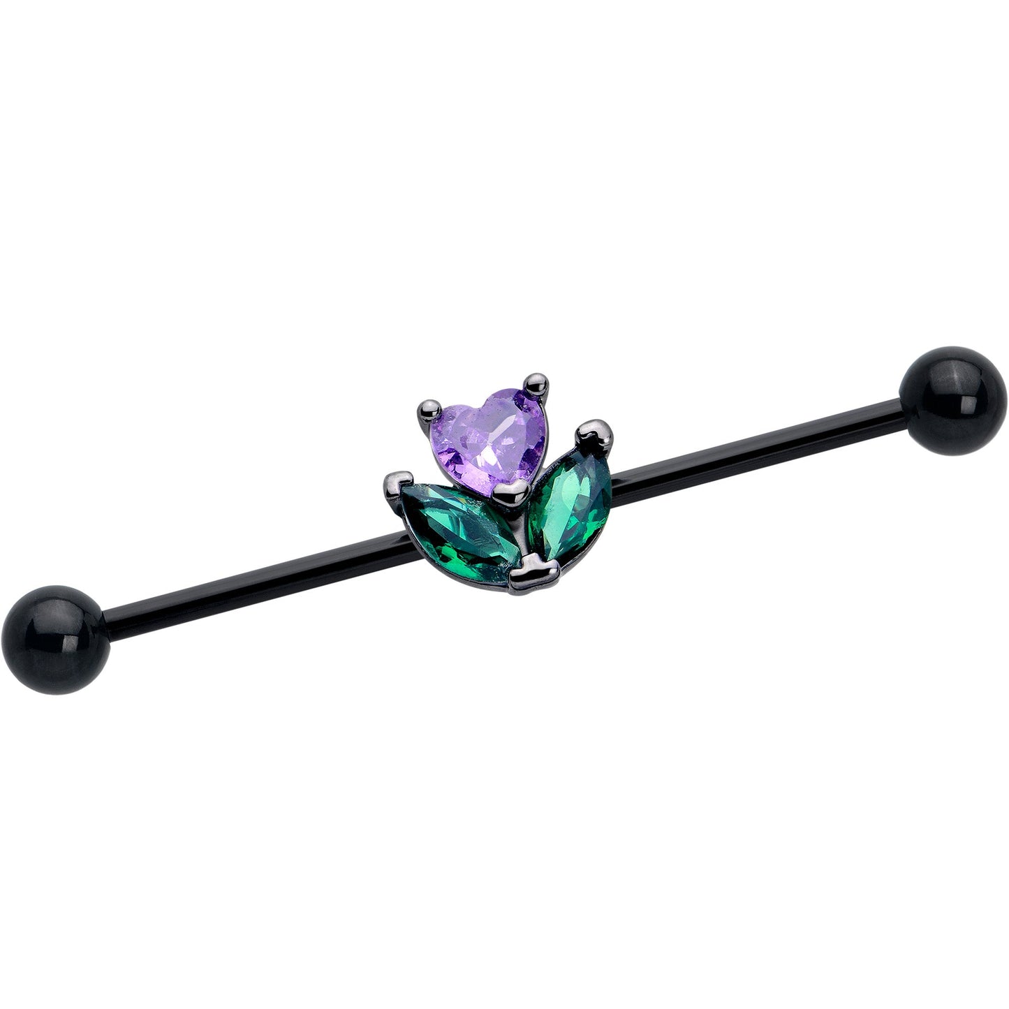 14G Purple Green CZ Gem Black Love Flower Industrial Barbell 38mm