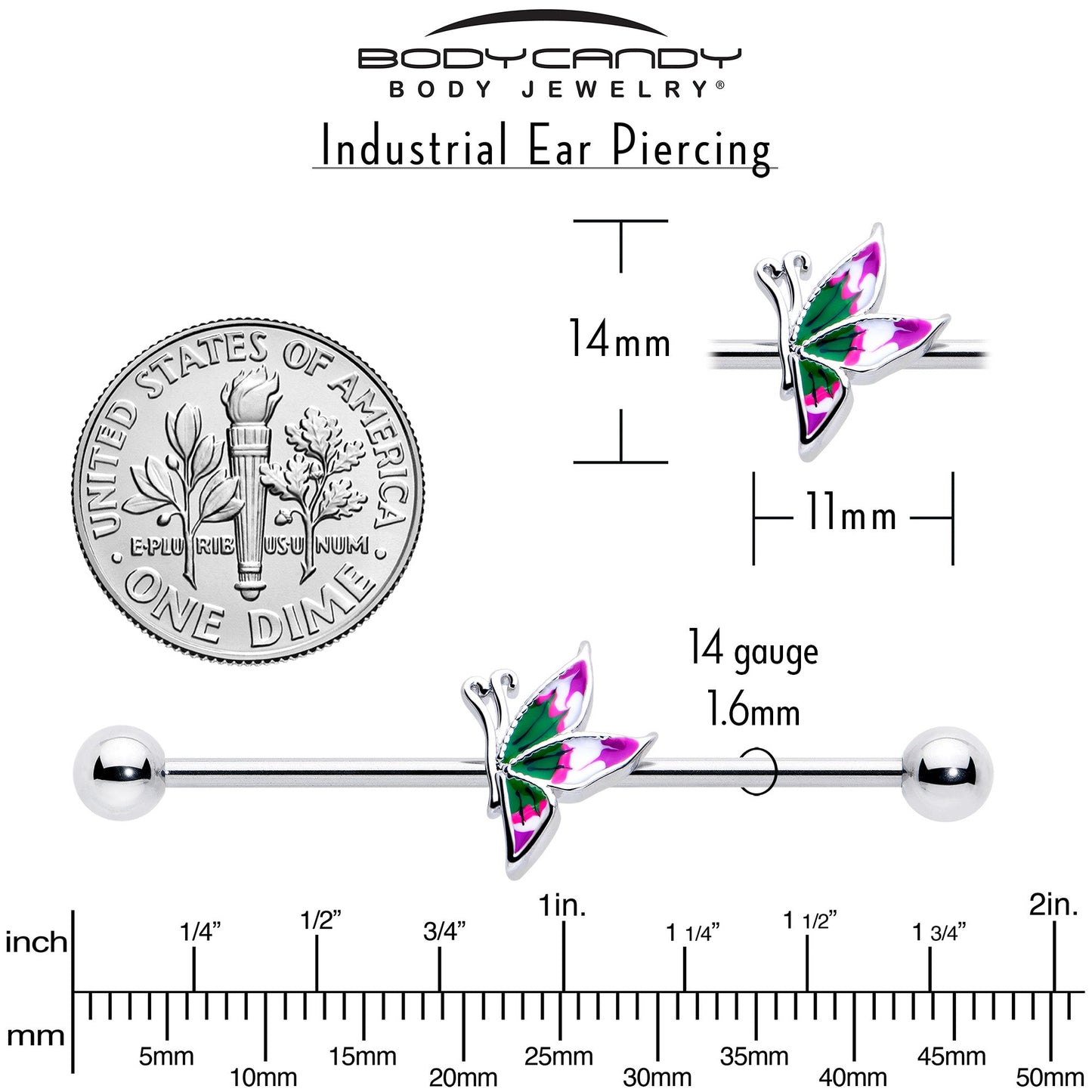 14G Profile Butterfly Industrial Barbell 38mm