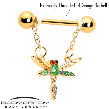 14G 9/16 Green Gem Gold Tone Swank Dragonfly Dangle Nipple Ring Set