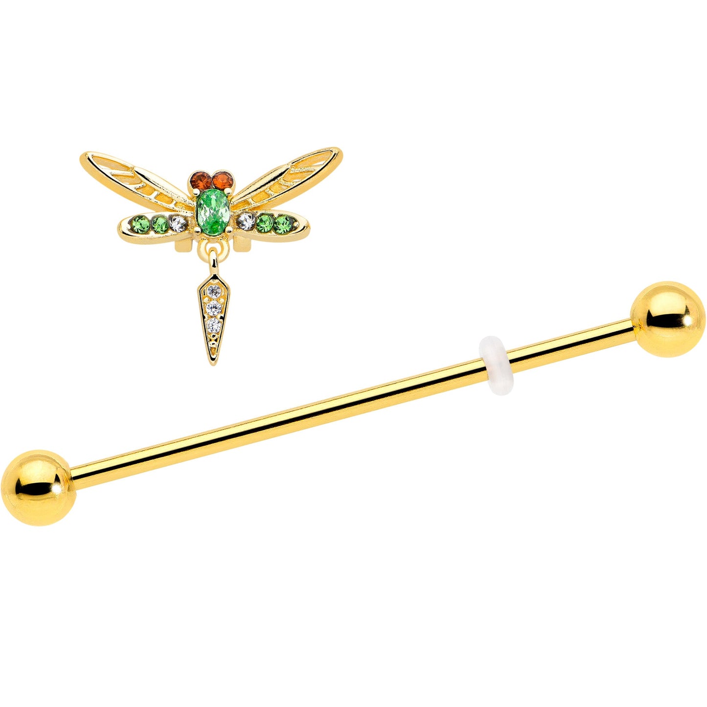 14G Green Gem Gold Tone Swank Dragonfly Dangle Industrial Barbell 38mm