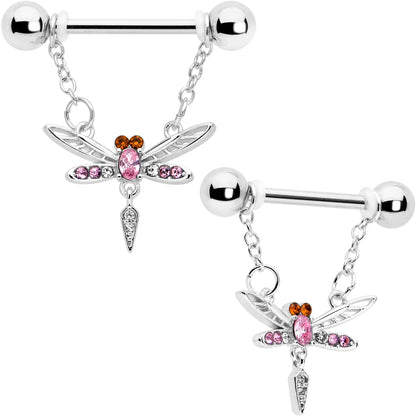 14G 9/16 Pink Gem Swank Dragonfly Dangle Nipple Ring Set