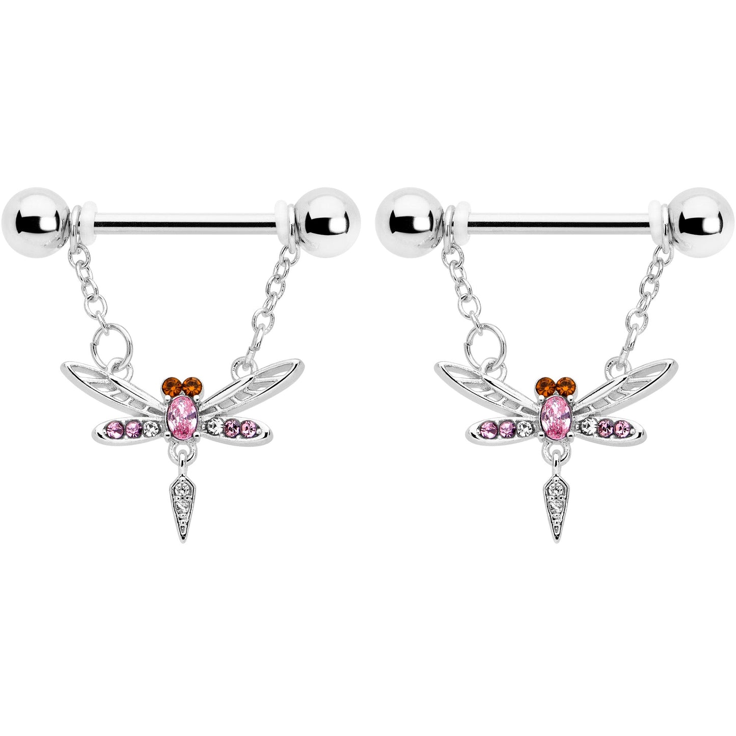 14G 9/16 Pink Gem Swank Dragonfly Dangle Nipple Ring Set