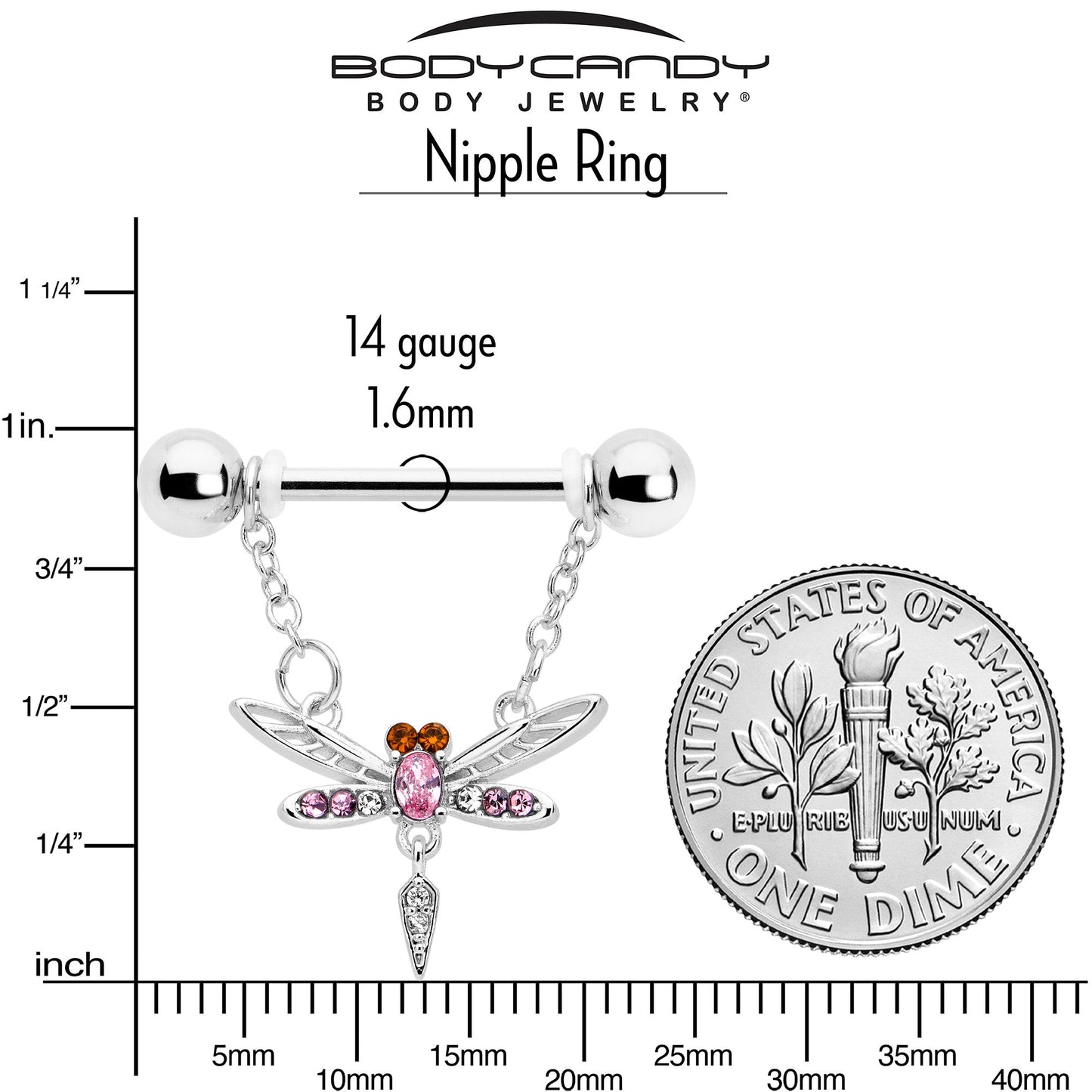 14G 9/16 Pink Gem Swank Dragonfly Dangle Nipple Ring Set