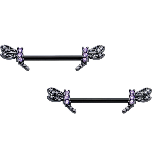 14G 9/16 Purple CZ Gem Black Night Dragonfly Barbell Nipple Ring Set