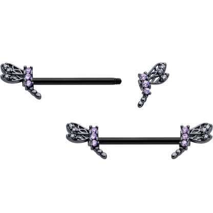 14G 9/16 Purple CZ Gem Black Night Dragonfly Barbell Nipple Ring Set