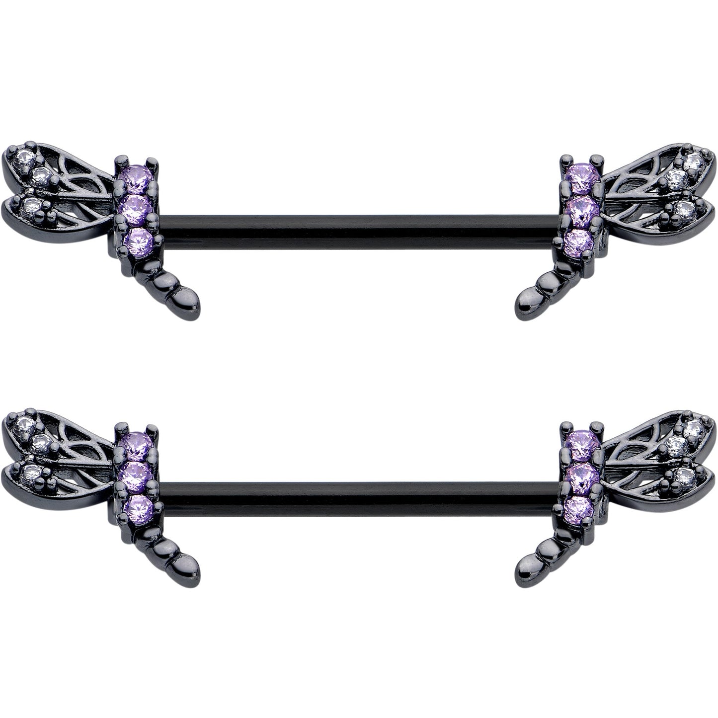 14G 9/16 Purple CZ Gem Black Night Dragonfly Barbell Nipple Ring Set