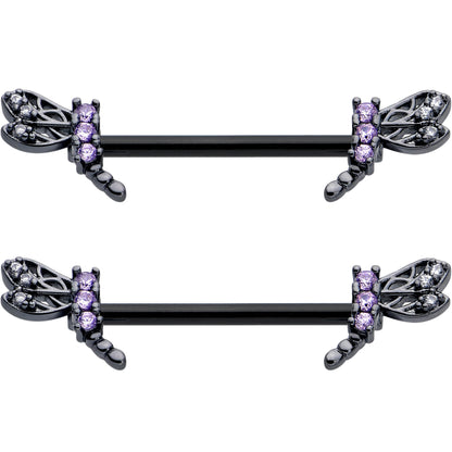 14G 9/16 Purple CZ Gem Black Night Dragonfly Barbell Nipple Ring Set