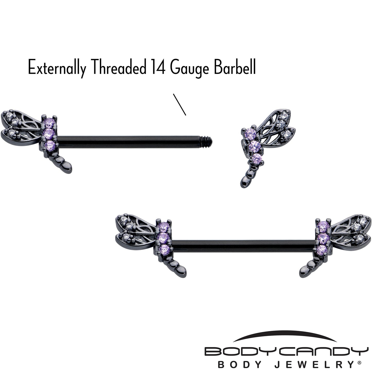 14G 9/16 Purple CZ Gem Black Night Dragonfly Barbell Nipple Ring Set