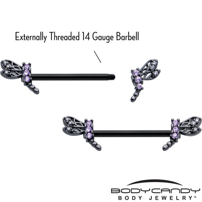 14G 9/16 Purple CZ Gem Black Night Dragonfly Barbell Nipple Ring Set