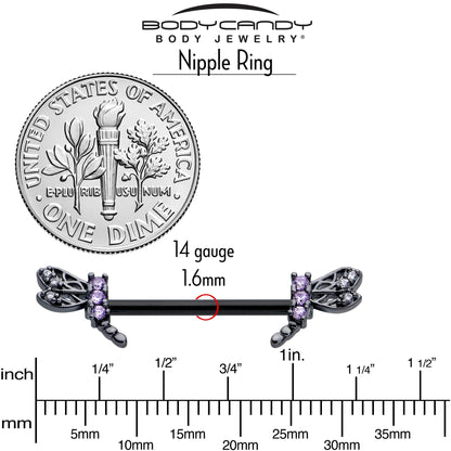 14G 9/16 Purple CZ Gem Black Night Dragonfly Barbell Nipple Ring Set