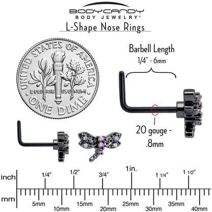 20G 7mm Purple CZ Gem Black Night Dragonfly L Shape Nose Ring