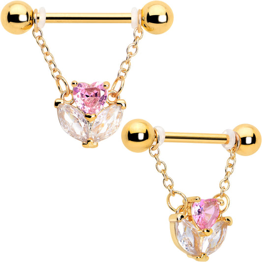 14G 9/16 Pink CZ Gem Gold Tone Love Flower Dangle Nipple Ring Set