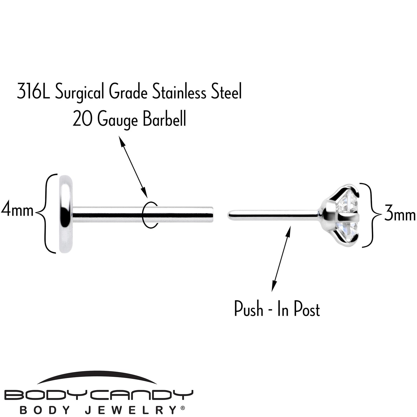 2.5mm Gem Flat Back Earring Threadless Push In Stud 20G